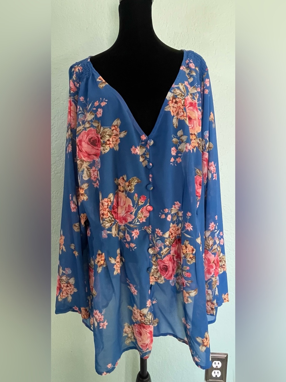 eshakti Blue Floral V-Neck Front Blouse with Pink Roses